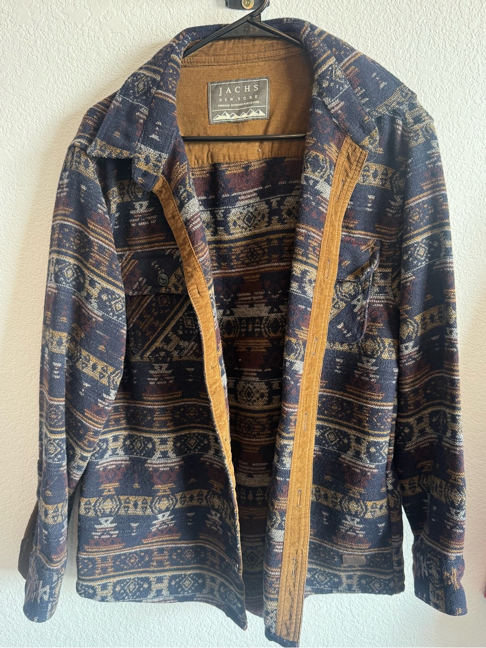 Jachs Navy Patterned Shirt Jacket with Tan Trim and Rust Accents